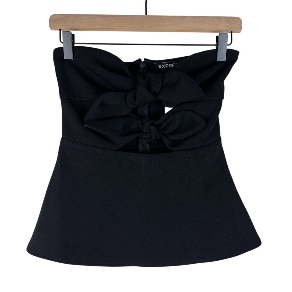 NWT Express Black Bow Front Cutout Strapless Peplum Top